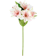 An artificial Alstroemeria flower of 47 cm in pink/cream, with light pink and white artificial lilies with green leaves and stem, depicted on a white background.