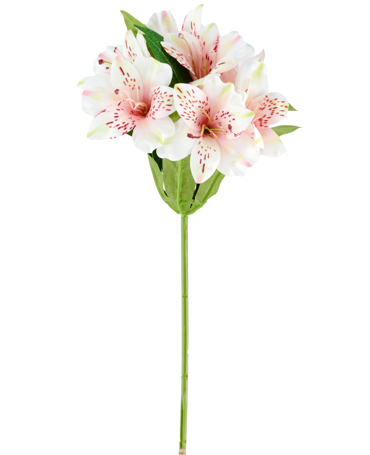 An artificial Alstroemeria flower of 47 cm in pink/cream, with light pink and white artificial lilies with green leaves and stem, depicted on a white background.