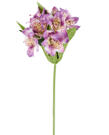 A single Artificial Alstroemeria flower of 47 cm, lilac in color, with several purple flowers with pink spots, green leaves and a green stem, photographed against a white background.
