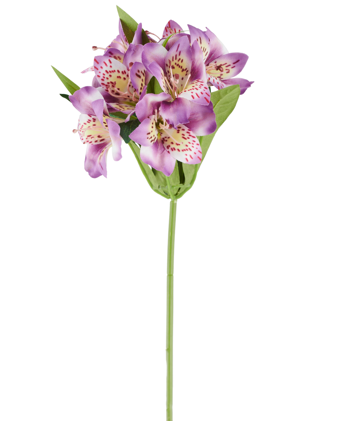 A single Artificial Alstroemeria flower of 47 cm, lilac in color, with several purple flowers with pink spots, green leaves and a green stem, photographed against a white background.