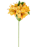 A 47cm artificial Alstroemeria flower, yellow, with vibrant yellow-orange spotted petals and lush green leaves on a single green stem, pictured against a white background.