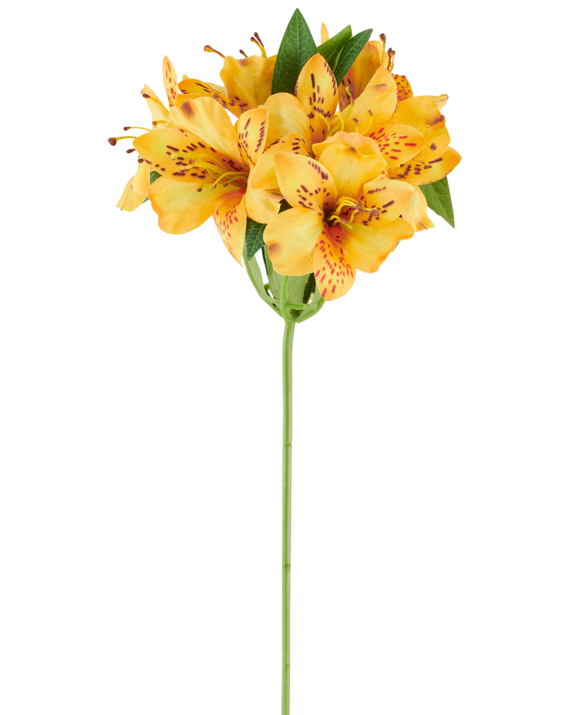 A 47cm artificial Alstroemeria flower, yellow, with vibrant yellow-orange spotted petals and lush green leaves on a single green stem, pictured against a white background.