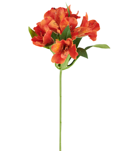Artificial flower Alstroemeria, 47 cm, orange with several spotted flowers and green leaves on a white background.