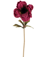A single Artificial Anemone flower of 38 cm in burgundy red, with layered dark pink petals, a dark heart, green leaves and a long, slender stem, depicted against a plain white background.