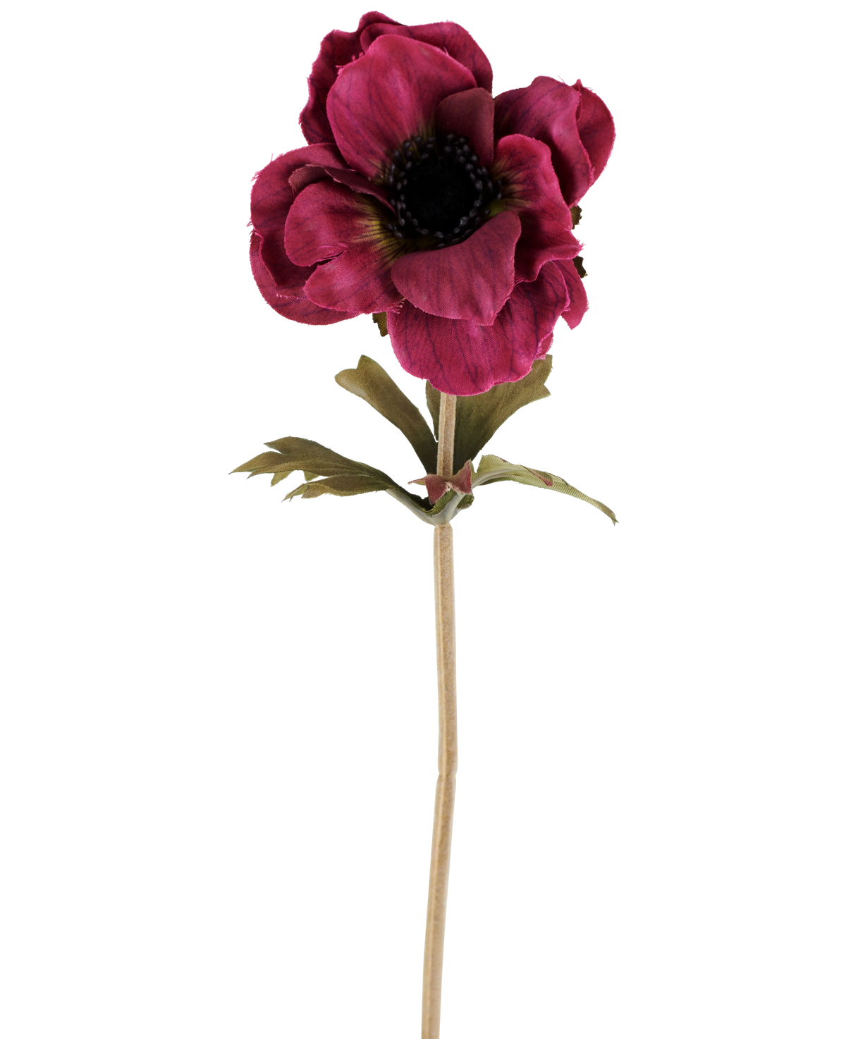 A single Artificial Anemone flower of 38 cm in burgundy red, with layered dark pink petals, a dark heart, green leaves and a long, slender stem, depicted against a plain white background.