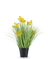 The Artificial Grass Root Flowers Onion Grass is housed in a black plastic pot, with long, thin, grass-like leaves and bunches of small, bright yellow flowers at the tips. The artificial plant is 50 cm high, fire-retardant and stands against a plain white background.