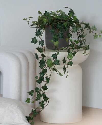 An Artificial Ivy Deluxe Green, a 90 cm hanging ivy in a gray pot, stands on a modern, white, sculptural base next to a folded white blanket and a white structured cushion.