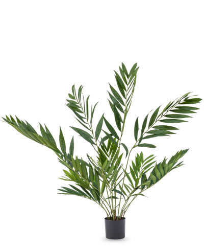De Kunstpalm Parlour Deluxe 90 cm is een potplant voor binnen met lange, slanke groene bladeren op meerdere stelen, in een eenvoudige zwarte pot tegen een effen witte achtergrond.
