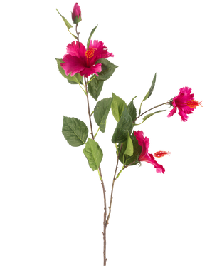 De Kunstbloem Hibiscus 89 cm fuchsia heeft een tak met groene bladeren, verschillende levendige fuchsia hibiscusbloemen en een gesloten knop, allemaal tegen een witte achtergrond.