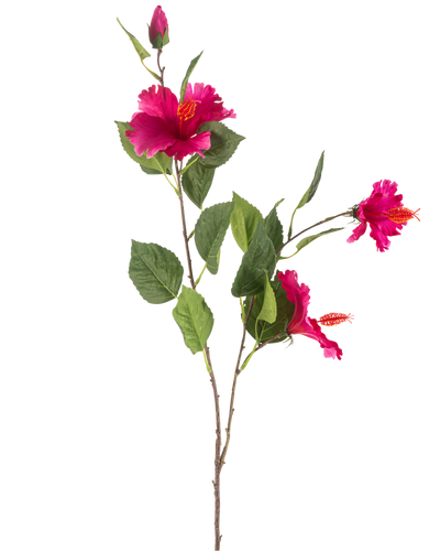 De Kunstbloem Hibiscus 89 cm fuchsia heeft een tak met groene bladeren, verschillende levendige fuchsia hibiscusbloemen en een gesloten knop, allemaal tegen een witte achtergrond.
