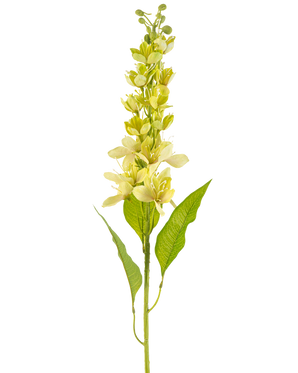 De Kunstbloem Aziatische appel 84 cm groen heeft een enkele hoge stengel met meerdere lichtgele bloemen en langwerpige groene bladeren, afgebeeld tegen een witte achtergrond.