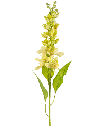 De Kunstbloem Aziatische appel 84 cm groen heeft een enkele hoge stengel met meerdere lichtgele bloemen en langwerpige groene bladeren, afgebeeld tegen een witte achtergrond.