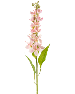 Een enkele Kunstbloem Aziatische appel 84 cm roze met lichtroze bloemen en slanke groene bladeren, verticaal gerangschikt tegen een witte achtergrond.
