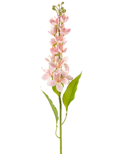 Een enkele Kunstbloem Aziatische appel 84 cm roze met lichtroze bloemen en slanke groene bladeren, verticaal gerangschikt tegen een witte achtergrond.