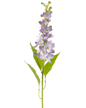 De Kunstbloem Aziatische appel 84 cm lavendel heeft een enkele stengel met langwerpige groene bladeren en meerdere kleine, lichtpaarse bloemen die verticaal langs de stengel staan, geïsoleerd op een witte achtergrond.