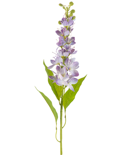 De Kunstbloem Aziatische appel 84 cm lavendel heeft een enkele stengel met langwerpige groene bladeren en meerdere kleine, lichtpaarse bloemen die verticaal langs de stengel staan, geïsoleerd op een witte achtergrond.