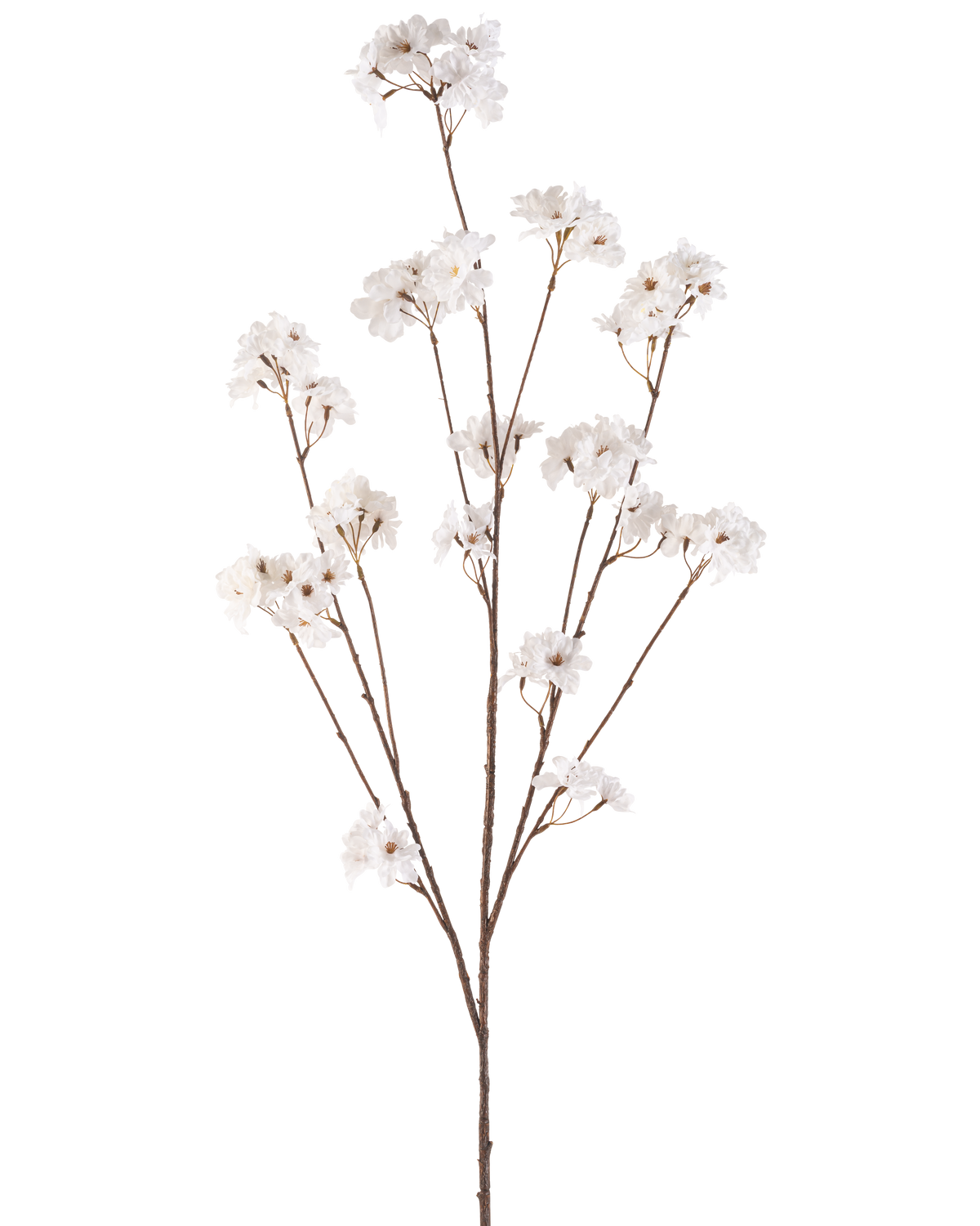 The Artificial Flower Cherry Blossom 130 cm cream has a single brown stem that branches into several thin stems, each decorated with bunches of small, delicate cream cherry blossom flowers against a plain white background.