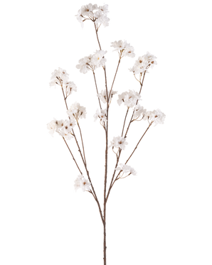 De Kunstbloem Kersenbloesem 130 cm crème heeft een enkele bruine steel die zich vertakt in meerdere dunne stelen, elk versierd met trosjes kleine, delicate crème kersenbloesem bloemen tegen een effen witte achtergrond.