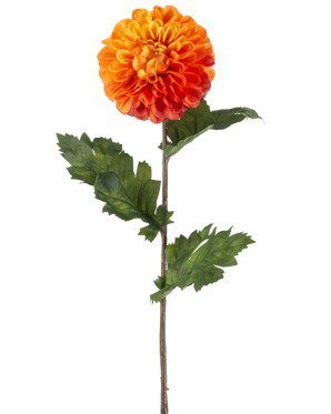 De Kunstbloem Dahlia 75 cm oranje heeft een enkele oranje dahlia met gelaagde bloemblaadjes, groene bladeren en een lange bruine steel, tegen een effen witte achtergrond.