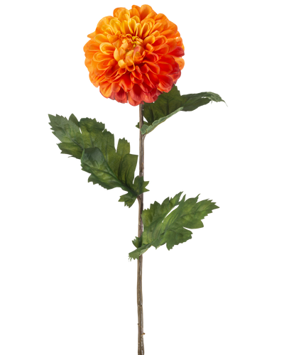 De Kunstbloem Dahlia 75 cm oranje heeft een enkele oranje dahlia met gelaagde bloemblaadjes, groene bladeren en een lange bruine steel, tegen een effen witte achtergrond.