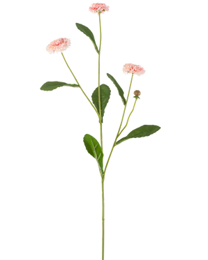 De Kunstbloem Zomeraster 57 cm roze heeft een lange groene steel met drie roze margrietachtige bloemen en verschillende groene bladeren, tegen een effen witte achtergrond.