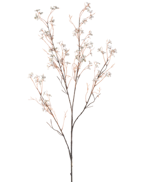 Een Kunstbloem Bloemen 130 cm lichtblauw heeft tere kunsttakken met dunne bruine stelen en kleine lichtblauwe bloemen tegen een effen witte achtergrond.