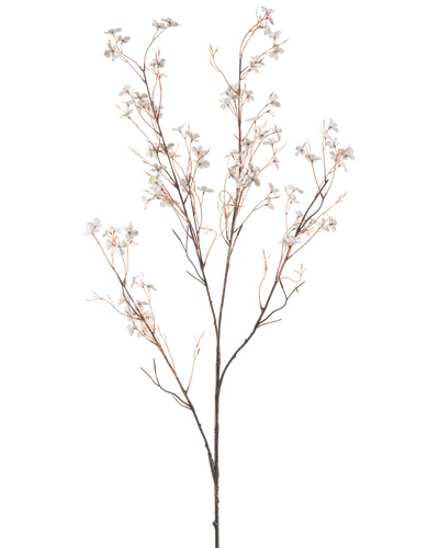 Een Kunstbloem Bloemen 130 cm lichtblauw heeft tere kunsttakken met dunne bruine stelen en kleine lichtblauwe bloemen tegen een effen witte achtergrond.