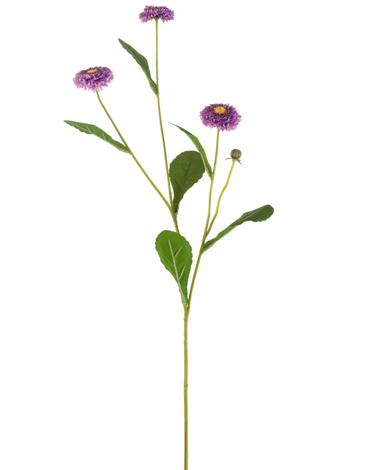 An Artificial Flower Summer Grid of 57 cm with a single green stem, three purple daisy-like flowers with a yellow heart and a number of green leaves, depicted against a plain white background.