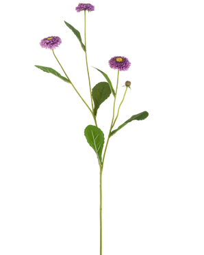 Een Kunstbloem Zomeraster van 57 cm met een enkele groene steel, drie paarse margrietachtige bloemen met een geel hart en een aantal groene bladeren, afgebeeld tegen een effen witte achtergrond.