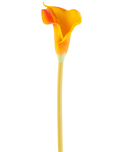 De Kunstbloem Calla 64 cm oranje heeft een enkele oranje calla lelie met een lange, slanke steel, geïsoleerd op een witte achtergrond.