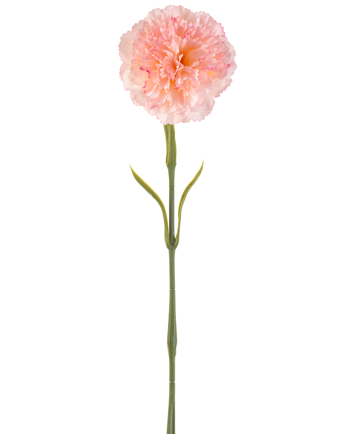 Artificial flower Carnation 57 cm blushing: A single artificial light pink carnation with pleated petals on a long green stem and two pairs of slender leaves, depicted against a white background.