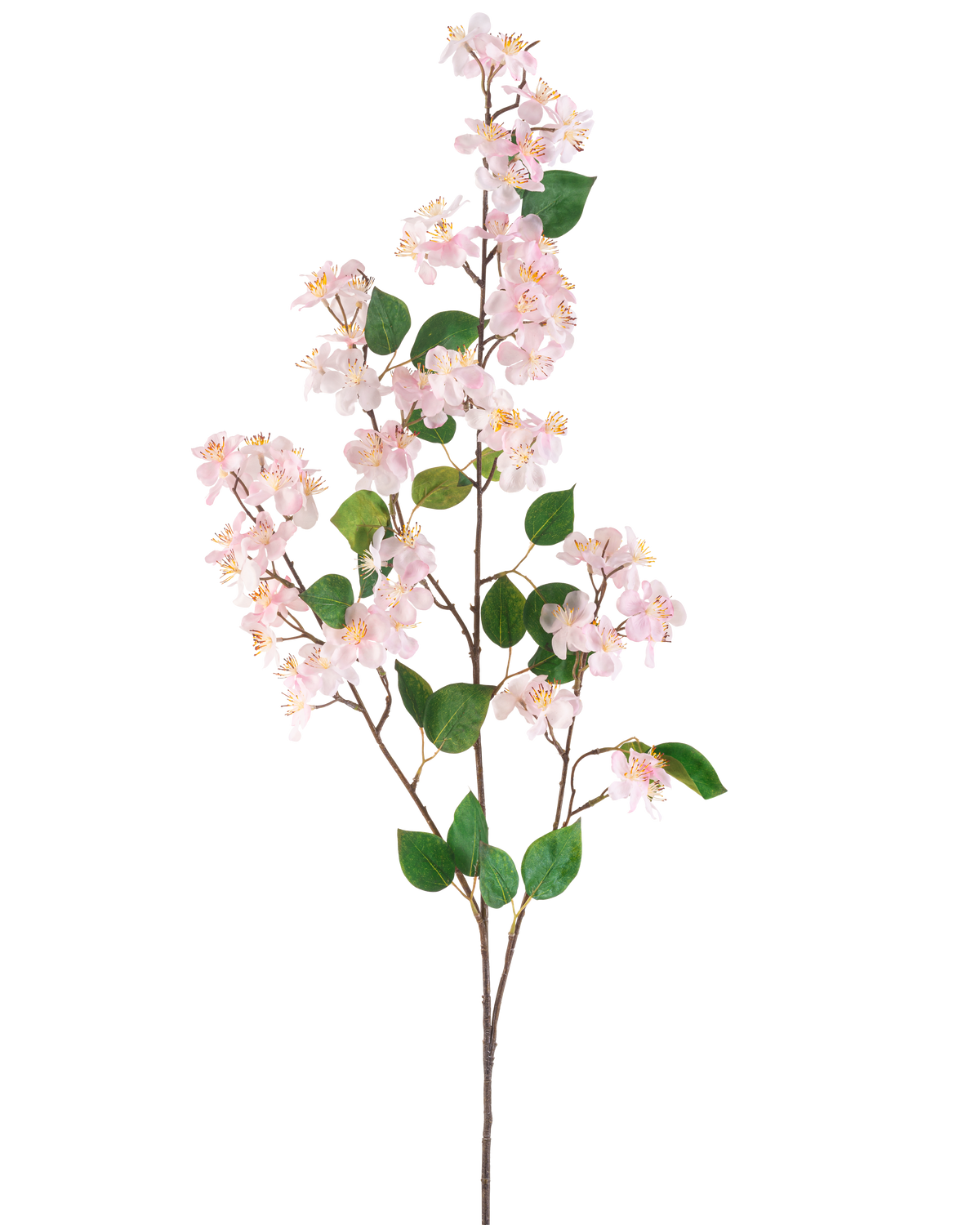 The Artificial Flower Peach Blossom 140 cm pink is an artificial branch with light pink peach blossom flowers and green leaves on slender brown stems, depicted isolated against a white background.