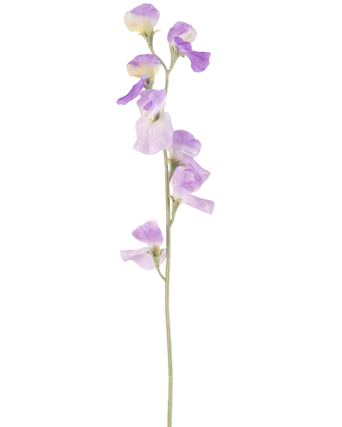 A single Artificial Flower Pea 64 cm lilac with delicate light purple petals and green leaves, isolated on a white background.