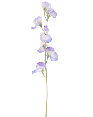 Een enkele Kunstbloem Erwt 64 cm lavendel, met meerdere delicate lichtpaarse bloesems en groene stelen, geïsoleerd op een witte achtergrond.