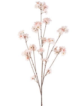 De Kunstbloem Kersenbloesem 130 cm blush heeft meerdere dunne stelen met trossen tere, lichtroze kersenbloesems tegen een effen witte achtergrond.