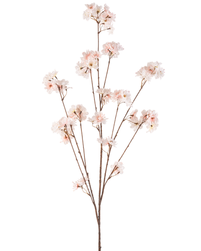 De Kunstbloem Kersenbloesem 130 cm blush heeft meerdere dunne stelen met trossen tere, lichtroze kersenbloesems tegen een effen witte achtergrond.