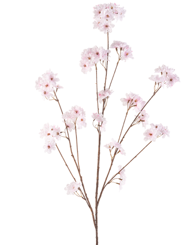 De Kunstbloem Kersenbloesem 130 cm lichtroze heeft meerdere dunne stelen met trosjes tere lichtroze kersenbloesems, prachtig gerangschikt en geïsoleerd op een witte achtergrond.