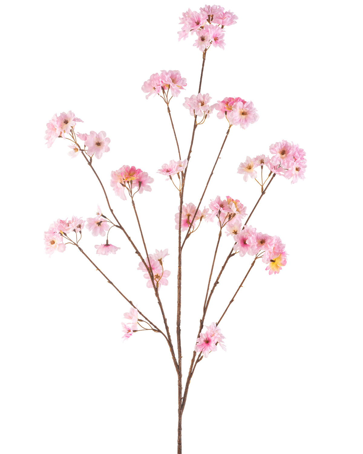 The Artificial Flower Cherry Blossom 130 cm pink has a single brown stem that branches into bunches of delicate pink cherry blossoms, beautiful against a plain white background.