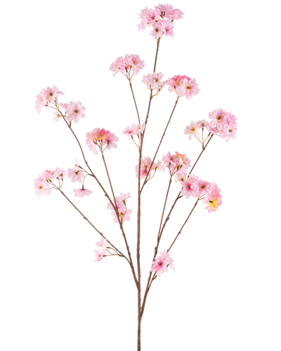 De Kunstbloem Kersenbloesem 130 cm roze heeft een enkele bruine steel die zich vertakt in trossen van tere roze kersenbloesems, prachtig tegen een effen witte achtergrond.