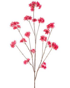 De Kunstbloem Kersenbloesem 130 cm fuchsia heeft een enkele steel met meerdere dunne bruine takken, elk versierd met clusters van levendige fuchsia kunstkerstbloesem bloemen, tegen een effen witte achtergrond.