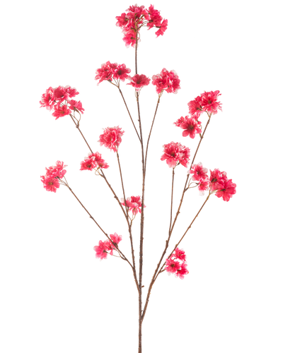 De Kunstbloem Kersenbloesem 130 cm fuchsia heeft een enkele steel met meerdere dunne bruine takken, elk versierd met clusters van levendige fuchsia kunstkerstbloesem bloemen, tegen een effen witte achtergrond.
