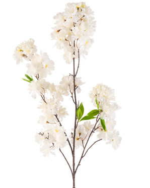 Een Kunstbloem Kersenbloesem 119 cm crème met trosjes tere witte bloesems en een paar heldergroene blaadjes op slanke bruine stelen, geïsoleerd op een witte achtergrond.