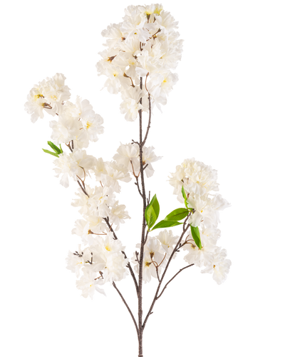 Een Kunstbloem Kersenbloesem 119 cm crème met trosjes tere witte bloesems en een paar heldergroene blaadjes op slanke bruine stelen, geïsoleerd op een witte achtergrond.
