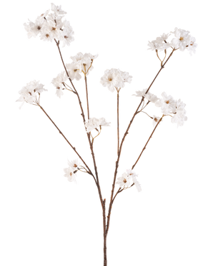 De Kunstbloem Kersenbloesem 114 cm crème heeft een bruine steel die zich vertakt in kleinere stelen, elk versierd met delicate kunstbloemen in een roomwitte tint, tegen een effen witte achtergrond.