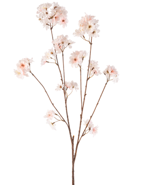 De Kunstbloem Kersenbloesem 114 cm blush heeft een enkele bruine steel met verschillende takken met daarop delicate, blushroze kersenbloesem bloemen, prachtig geïsoleerd op een witte achtergrond.