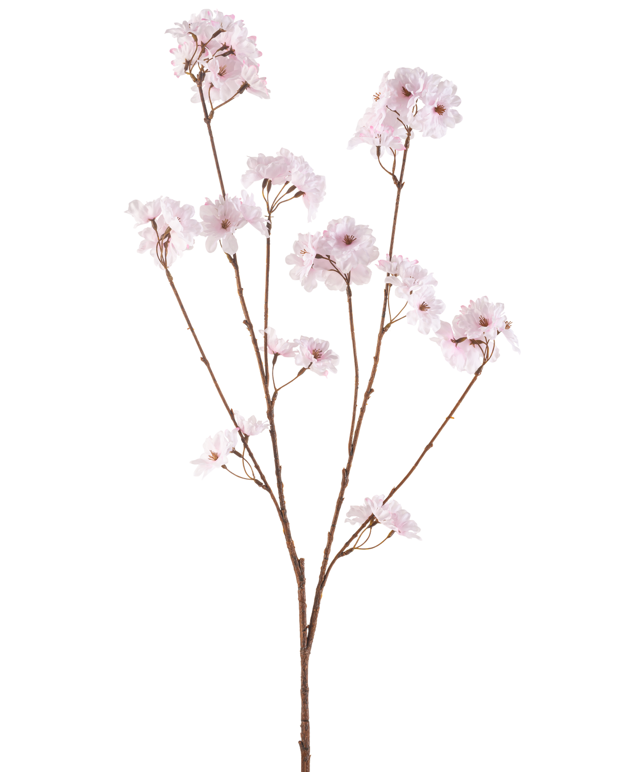 The Artificial Flower Cherry Blossom 114 cm light pink has a single brown branch with multiple thin stems, each decorated with bunches of delicate, light pink cherry blossoms, against a plain white background.