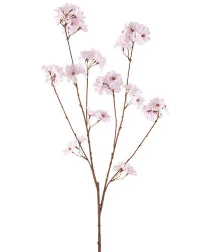 De Kunstbloem Kersenbloesem 114 cm lichtroze heeft een enkele bruine tak met meerdere dunne stengels, elk versierd met trosjes delicate, lichtroze kersenbloesems, tegen een effen witte achtergrond.