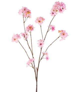 De Kunstbloem Kersenbloesem 114 cm roze heeft meerdere slanke bruine stelen met trosjes zachtroze kersenbloesembloemen tegen een effen witte achtergrond.