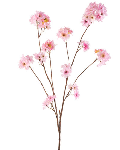 De Kunstbloem Kersenbloesem 114 cm roze heeft meerdere slanke bruine stelen met trosjes zachtroze kersenbloesembloemen tegen een effen witte achtergrond.
