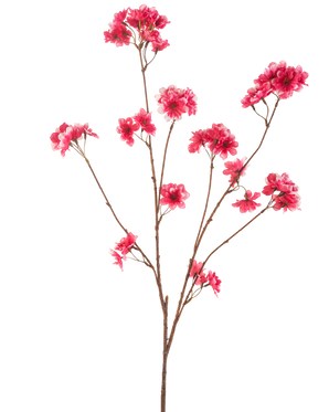 De Kunstbloem Kersenbloesem 114 cm fuchsia toont een enkele bruine tak met meerdere stelen, elk met clusters van levendige fuchsia kunstkerstbloesem bloemen tegen een effen witte achtergrond.
